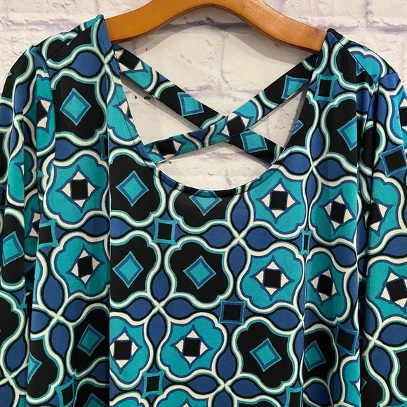 NY Collection Plus Size 1X Blue Green Shift Dress 3/4 Sleeves Stretchy Casual - Picture 3 of 7